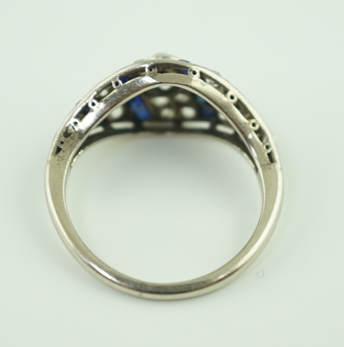 A 1940's/1950's 18ct white gold, sapphire and diamond set cluster ring